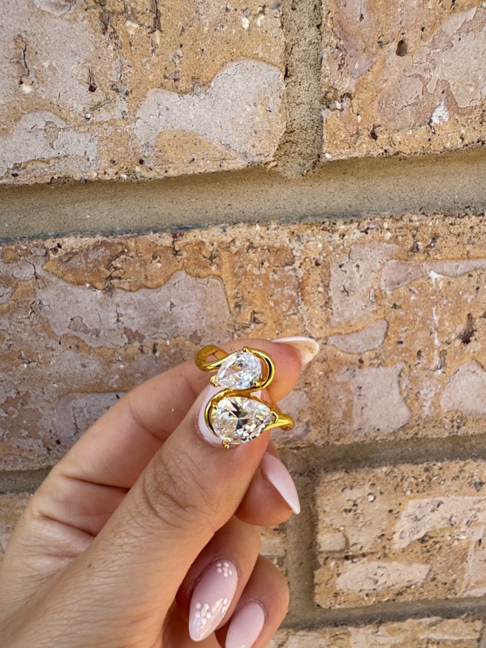 Gold-Tone Double Teardrop Crystal Ring